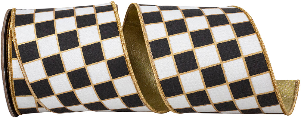 Gilded Check Outlined Black White 4 Inch Wired Edge Ribbon