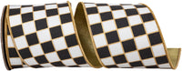 Gilded Check Outlined Black White 4 Inch Wired Edge Ribbon