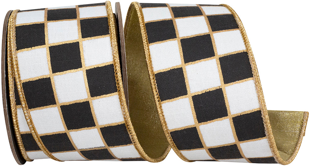Gilded Check Outlined Black White Wired Edge Ribbon 2-1/2 Inch