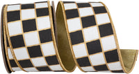 Gilded Check Outlined Black White Wired Edge Ribbon 2-1/2 Inch