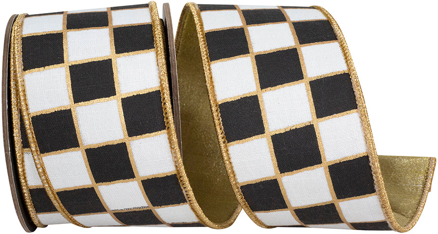 Gilded Check Outlined Black White Wired Edge Ribbon 2-1/2 Inch