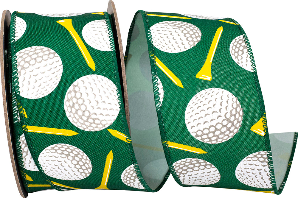 Hunter 2-1 2 Inch Golf Balls And Tees Linen Wired Edge Ribbon for Wreaths & Bows