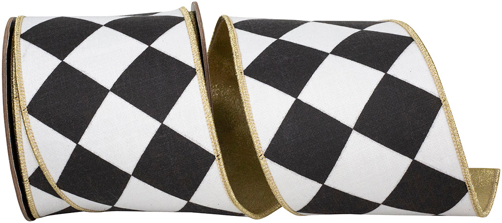 4 Inch Black White Grand Diamond Wired Edge Ribbon