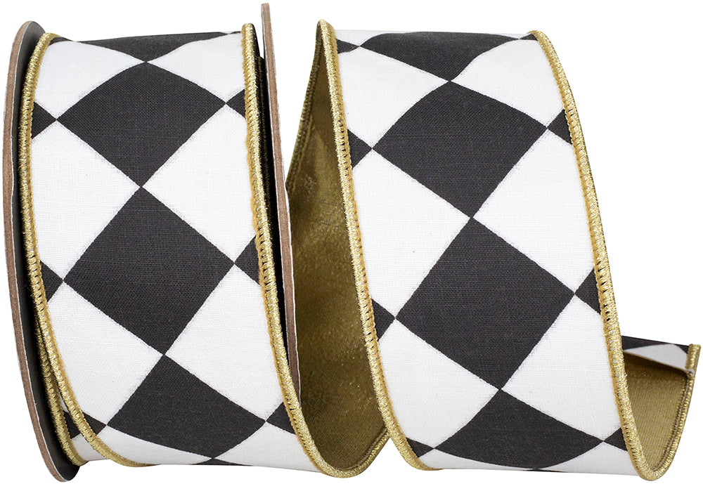 Black White 2-1/2 Inch Metallic Backed Wired Edge Ribbon