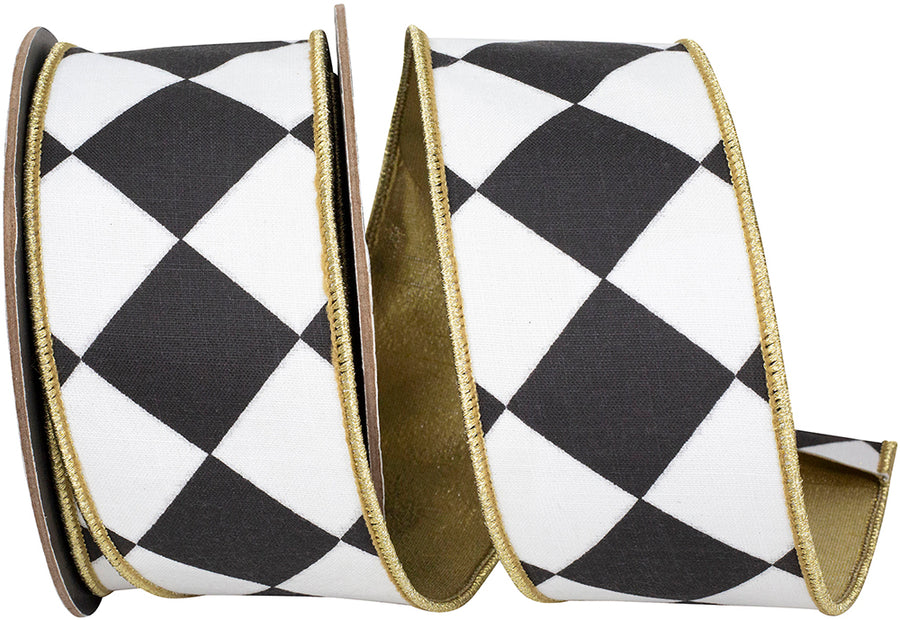Black White 2-1/2 Inch Metallic Backed Wired Edge Ribbon
