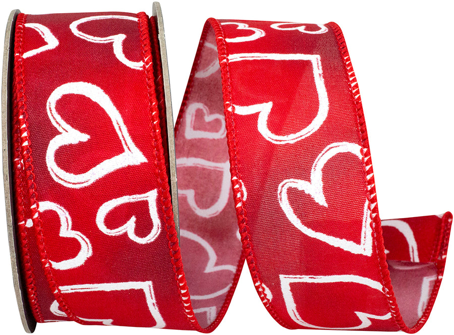 Red 1-1 2 Inch Heart Outlines Iridescent Sparkle Wired Edge Ribbon for Wreaths & Bows