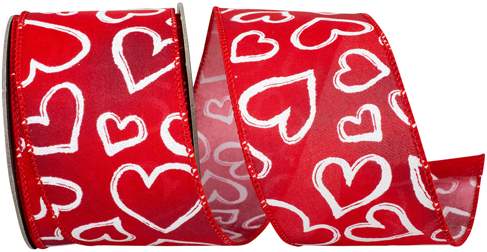Red 2-1 2 Inch Heart Outlines Iridescent Sparkle Wired Edge Ribbon for Wreaths & Bows