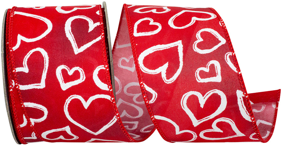Red 2-1 2 Inch Heart Outlines Iridescent Sparkle Wired Edge Ribbon for Wreaths & Bows