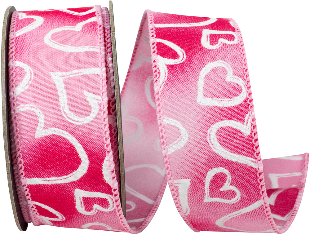 Fuchsia Pink 1-1 2 Inch Heart Outlines Iridescent Sparkle Wired Edge Ribbon for Wreaths & Bows