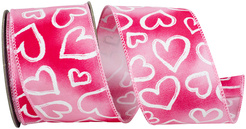 Fuchsia Pink 2-1 2 Inch Heart Outlines Iridescent Sparkle Wired Edge Ribbon for Wreaths & Bows