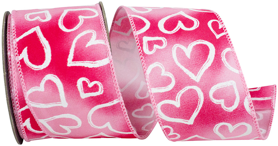Fuchsia Pink 2-1 2 Inch Heart Outlines Iridescent Sparkle Wired Edge Ribbon for Wreaths & Bows
