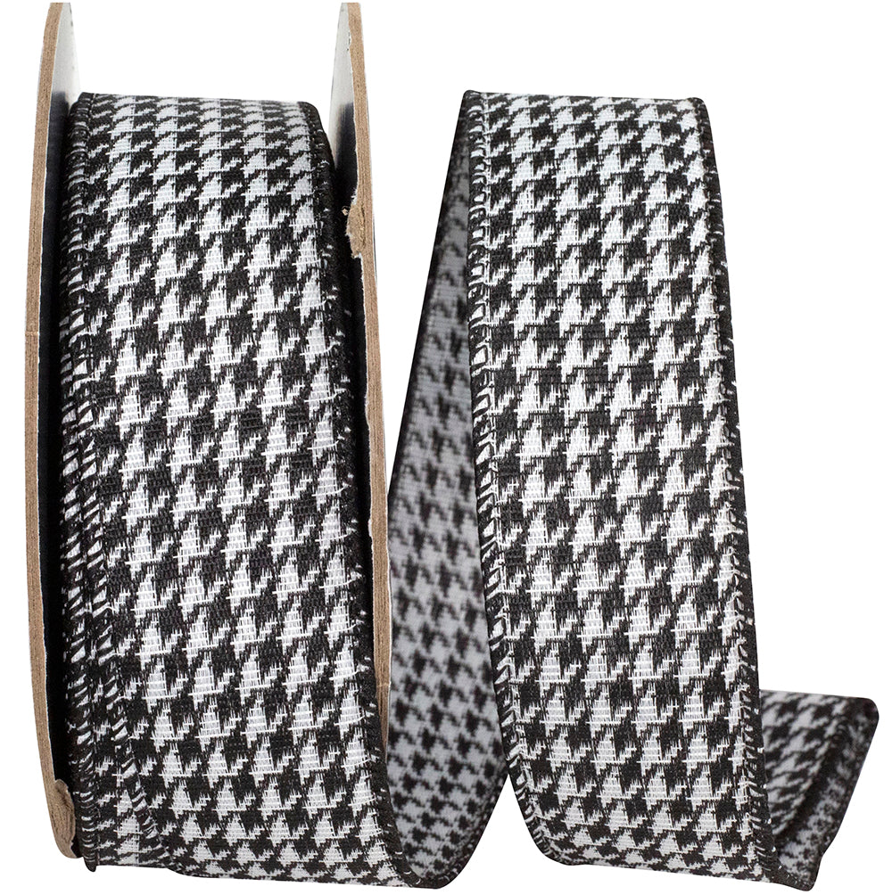 Black White 1-1 2 Inch Houndstooth Jacquard Wired Edge Ribbon for Wreaths & Bows
