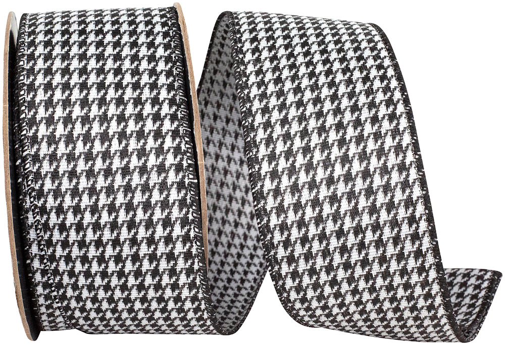 Black White 2-1 2 Inch Houndstooth Jacquard Wired Edge Ribbon for Wreaths & Bows
