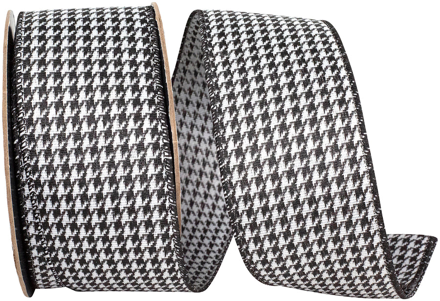 Black White 2-1 2 Inch Houndstooth Jacquard Wired Edge Ribbon for Wreaths & Bows