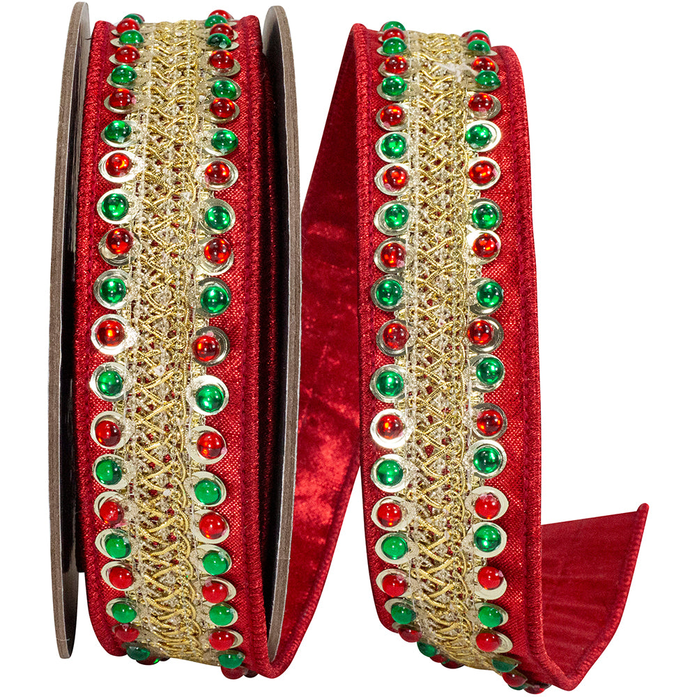 Red Jeweled Wired Edge Ribbon 1 Inch Metallic Backed