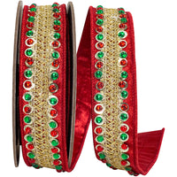 Red Jeweled Wired Edge Ribbon 1 Inch Metallic Backed