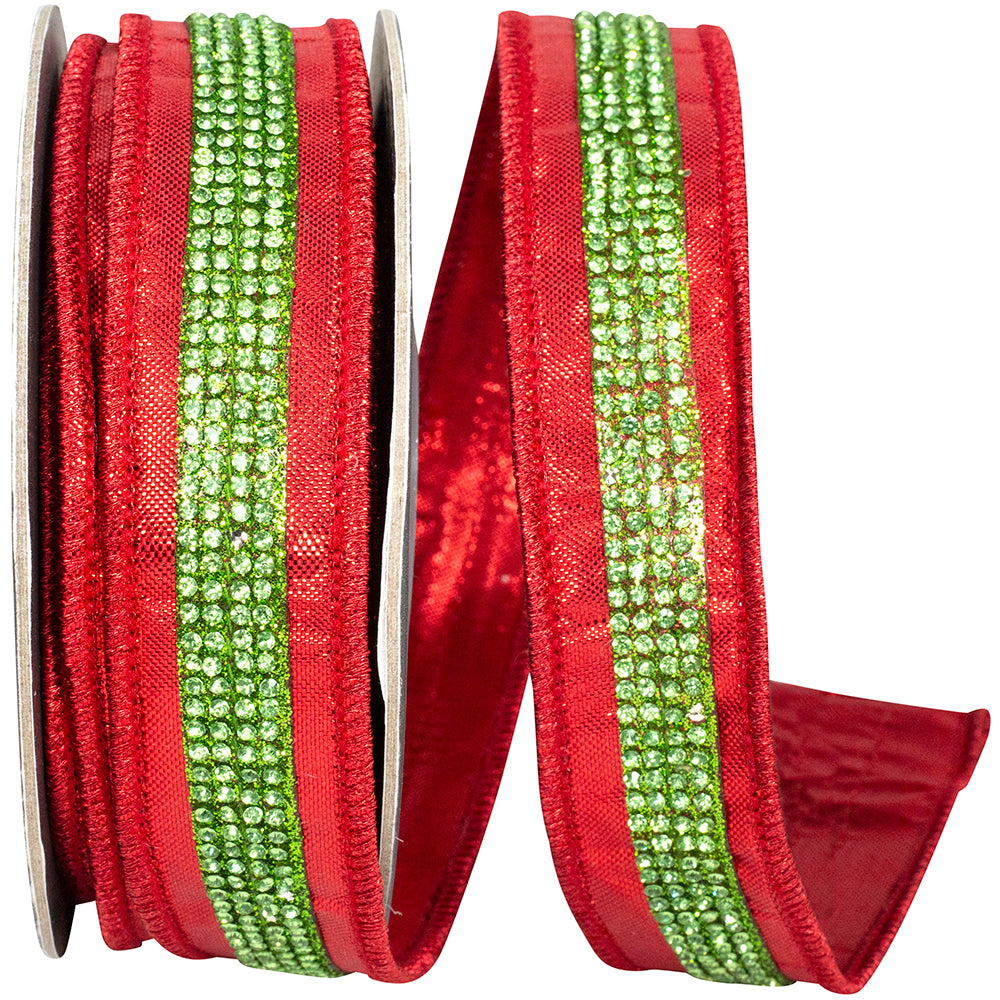 1 Inch Red Lime Metallic Jeweled Striped Ribbon
