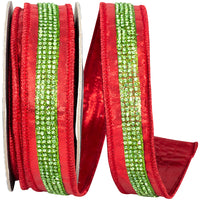 1 Inch Red Lime Metallic Jeweled Striped Ribbon