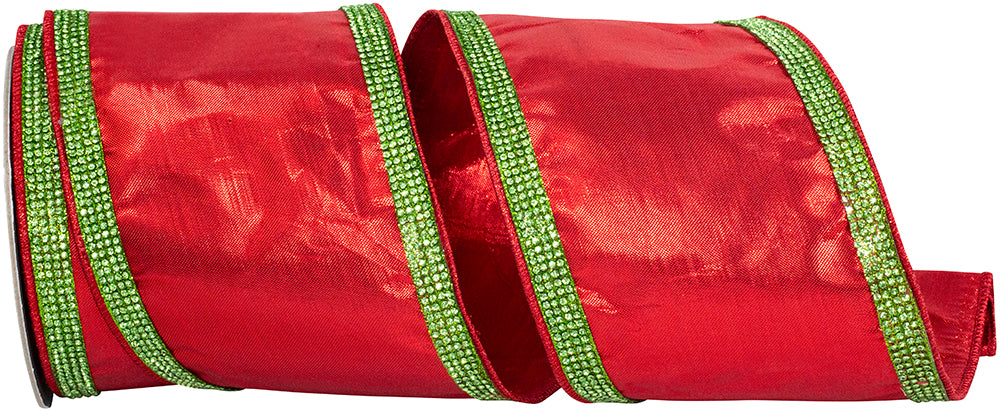 4 Inch Red Lime Metallic Jeweled Striped Ribbon