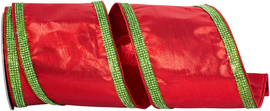 4 Inch Red Lime Metallic Jeweled Striped Ribbon