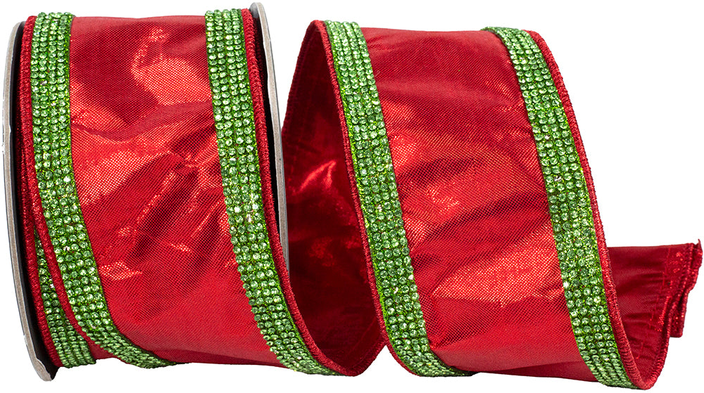 Metallic Jeweled Striped Ribbon Red Lime 2-1/2 Inch