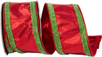 Metallic Jeweled Striped Ribbon Red Lime 2-1/2 Inch