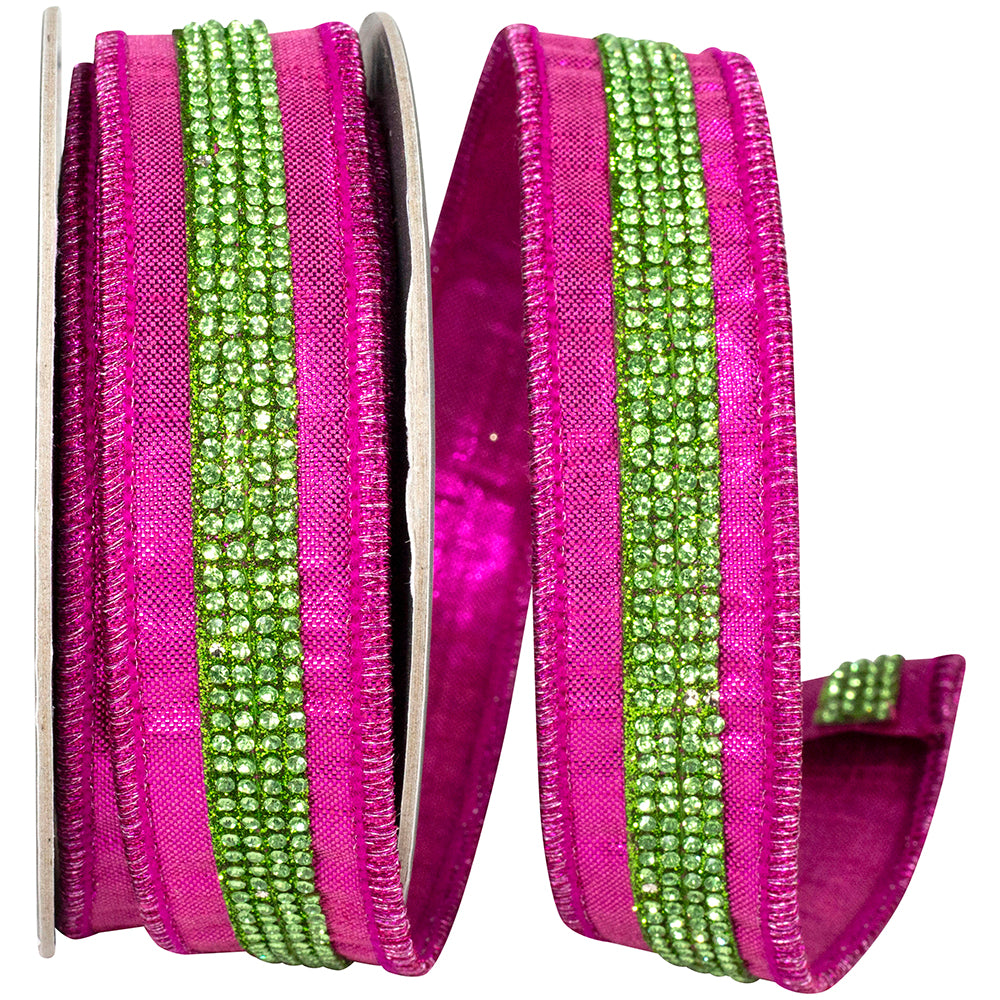 Metallic Jeweled Striped Ribbon Fuchsia Lime 1 Inch