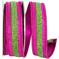 Metallic Jeweled Striped Ribbon Fuchsia Lime 1 Inch