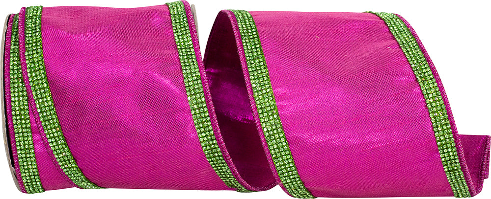 Metallic Jeweled Striped Ribbon Fuchsia Lime 4 Inch