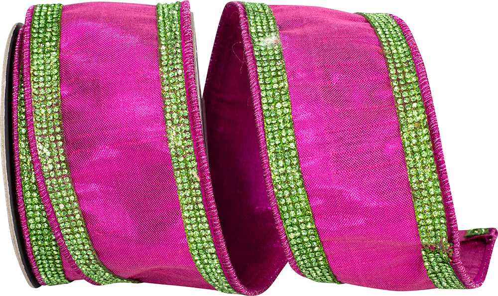 Metallic Jeweled Striped Ribbon Fuchsia Lime 2-1/2 Inch
