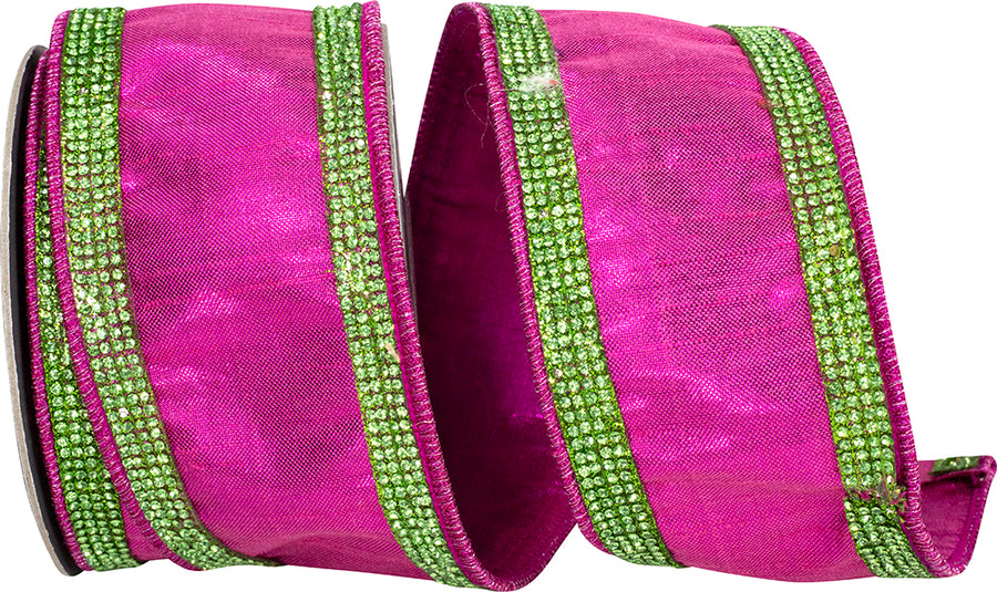 Metallic Jeweled Striped Ribbon Fuchsia Lime 2-1/2 Inch
