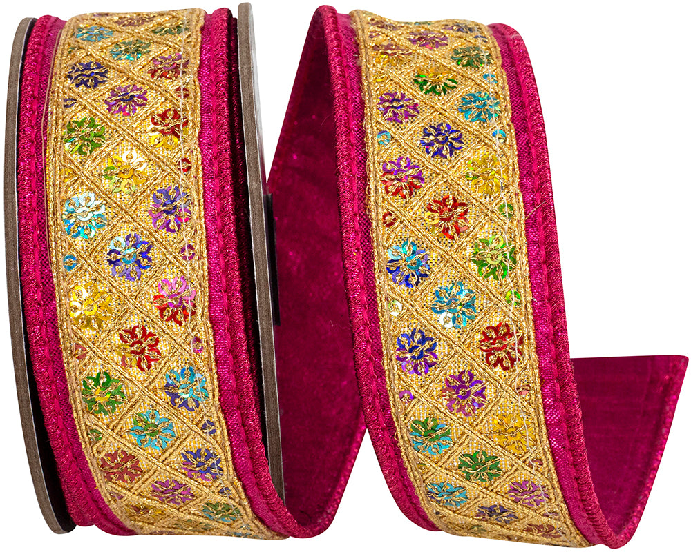 Fuchsia Gold 1-1/2 Inch Wired Edge Ribbon for Wreaths