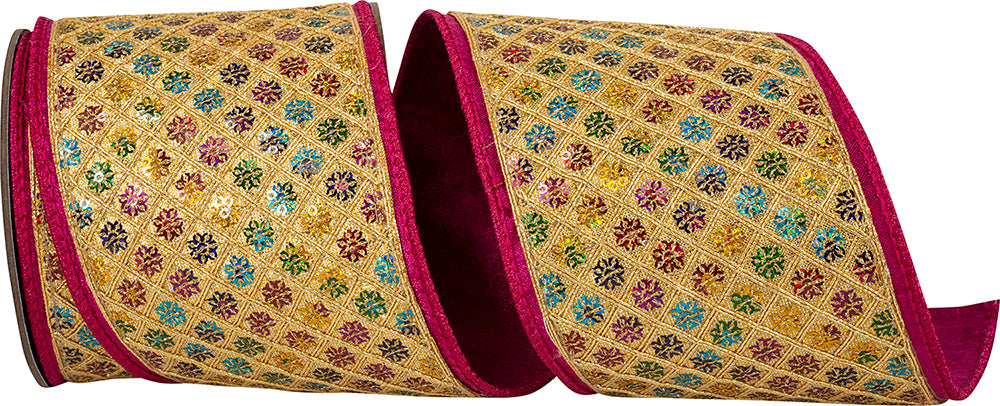 Fuchsia Gold 4 Inch Wired Edge Ribbon for Wreaths and Bows