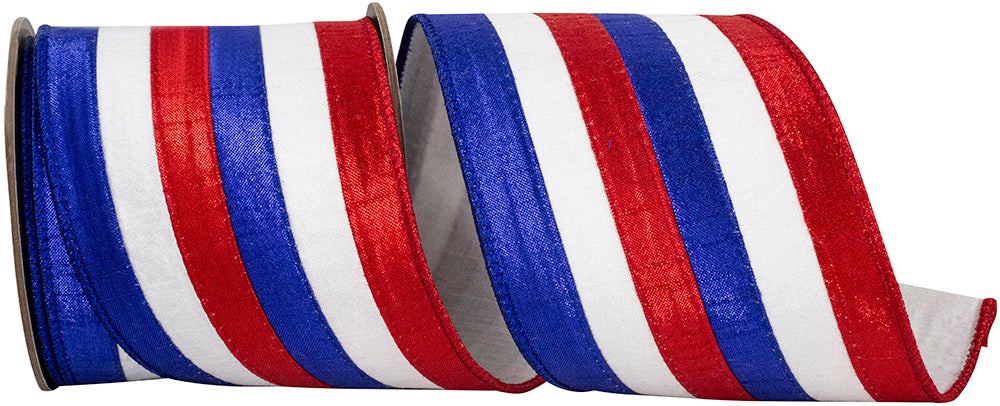Patriotic Metallic Stripes Ribbon 4 Inch Red White Blue