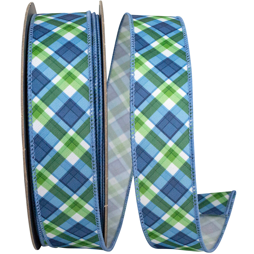 Plaid Azure Wired Edge Ribbon Blue Green 1-1/2 Inch