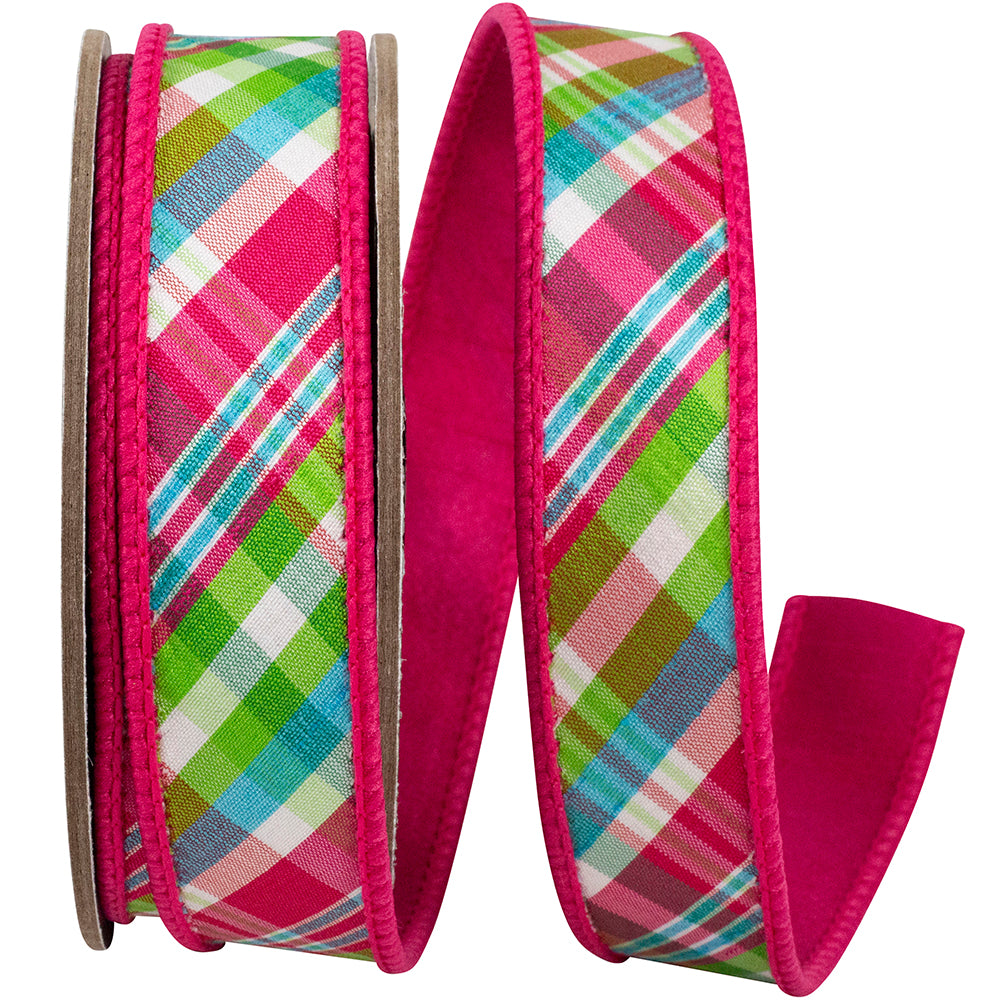 Plaid Festivity Deluxe Dupioni Ribbon Fuchsia Lime 1 Inch