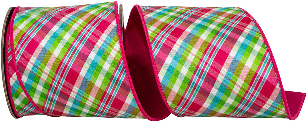 Plaid Festivity Deluxe Dupioni Ribbon 4 Inch Fuchsia Lime