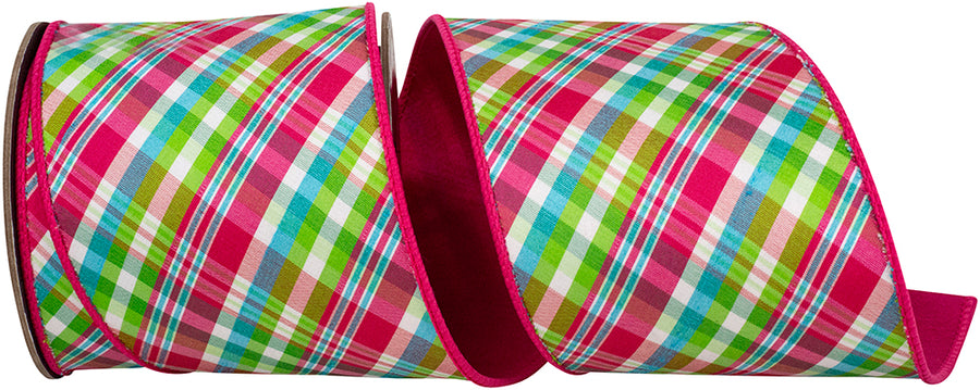 Plaid Festivity Deluxe Dupioni Ribbon 4 Inch Fuchsia Lime