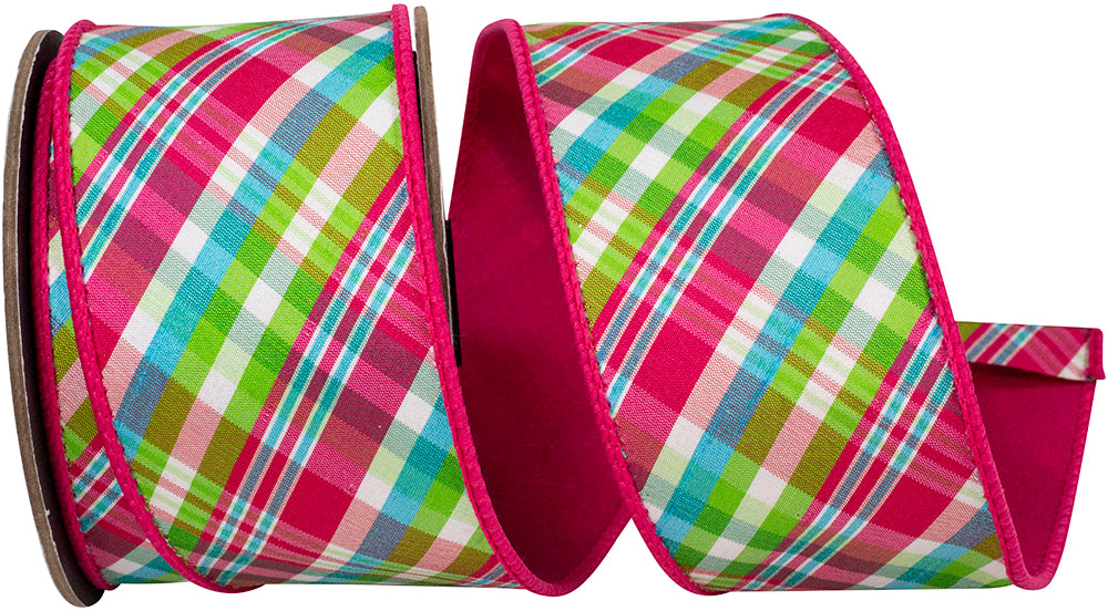 Plaid Festivity Deluxe Dupioni Wired Edge Ribbon Fuchsia Lime 2-1/2 Inch