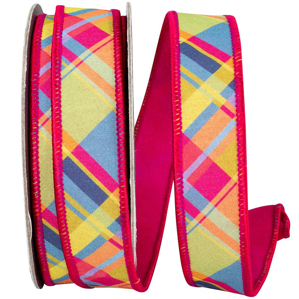 Cyclamen Plaid 1 Inch Dupioni Wired Edge Ribbon