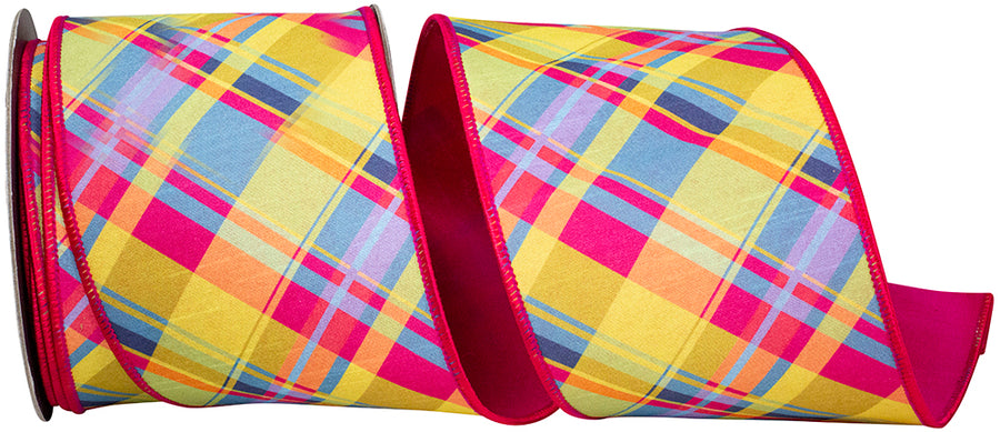 Cyclamen Plaid Dupioni Wired Edge Ribbon 4 Inch for Wreaths