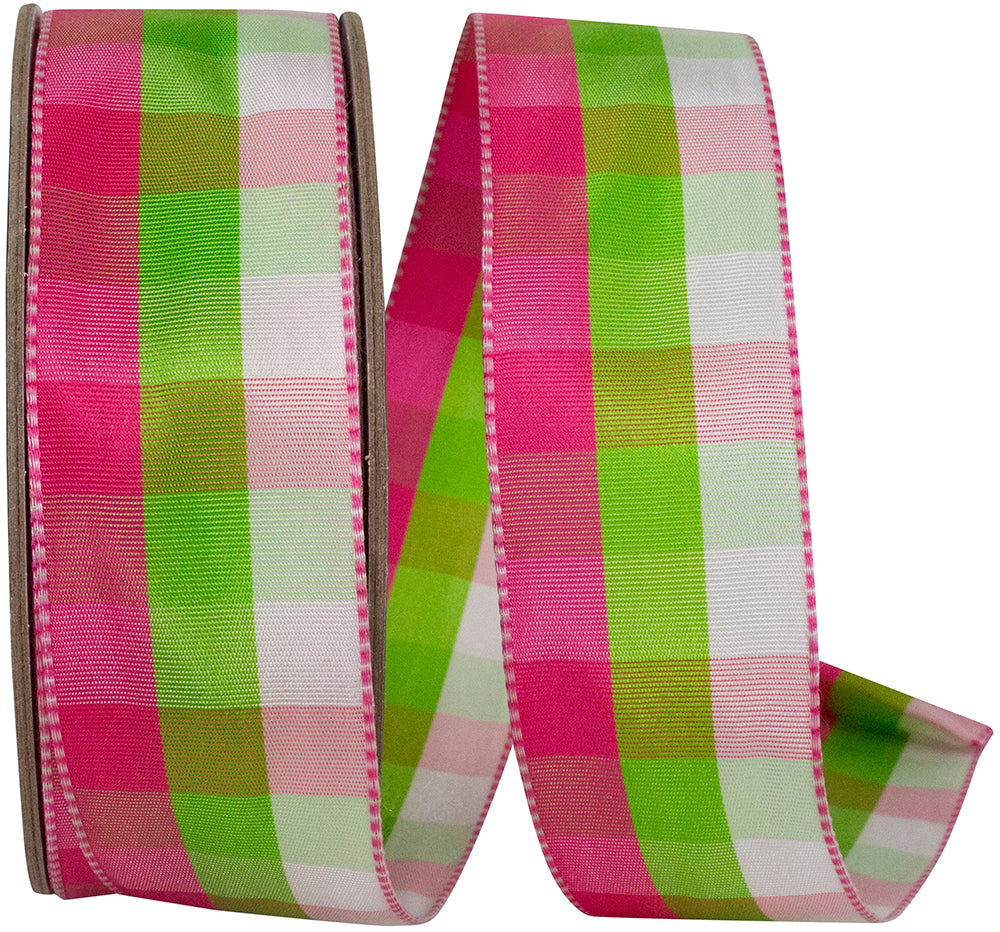 Plaid Wired Edge Ribbon Citrus Fuchsia 1-1/2 Inch 25 Yards