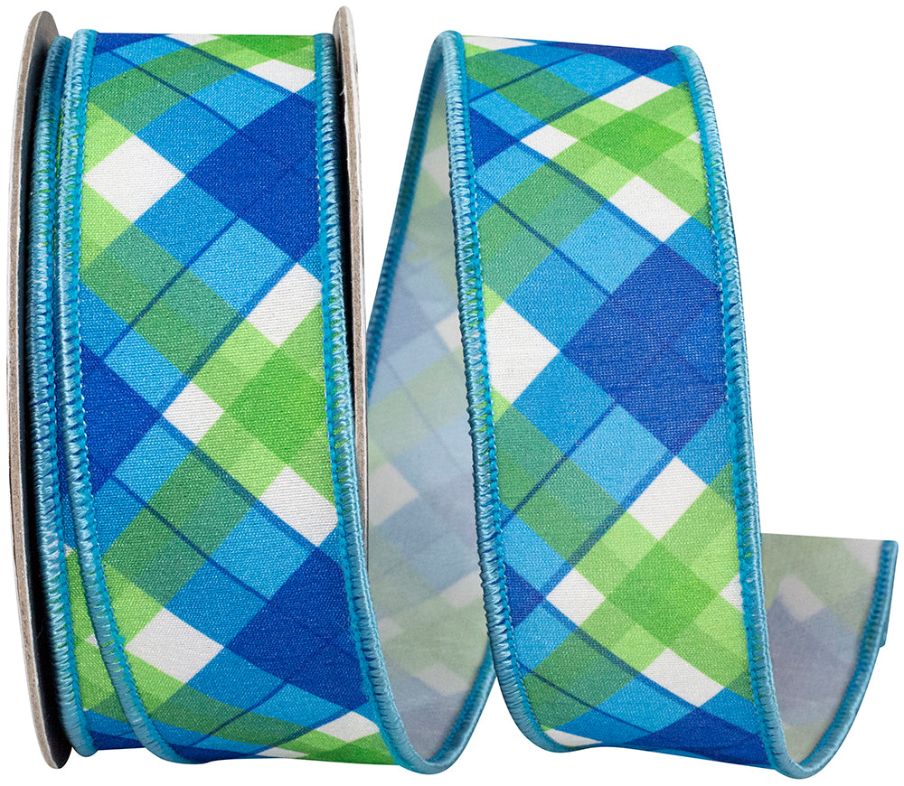 Plaid Seaway Blue Green Wired Edge Ribbon 1-1/2 Inch 10 Yards