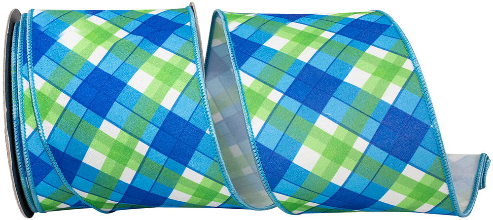 Plaid Seaway Blue Green 4 Inch Wired Edge Ribbon