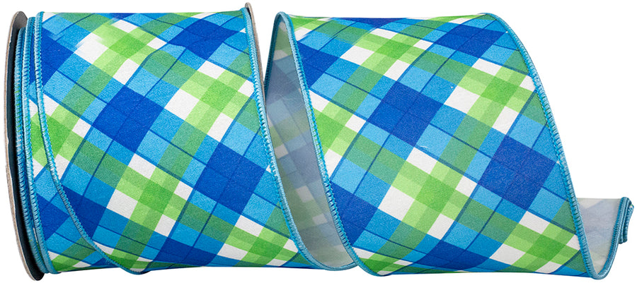 Plaid Seaway Blue Green 4 Inch Wired Edge Ribbon