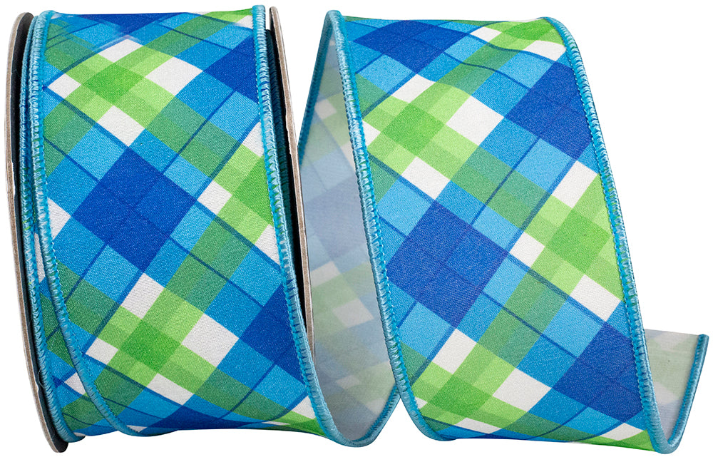 Plaid Seaway Ribbon 2-1/2 Inch Blue Green 10 Yards Polyester