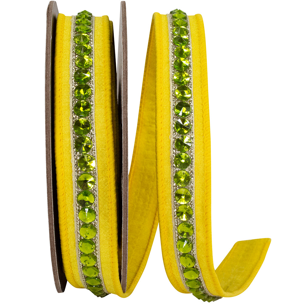 Rhinestone Edge Dupioni Ribbon Yellow Lime 1 Inch 5 Yards
