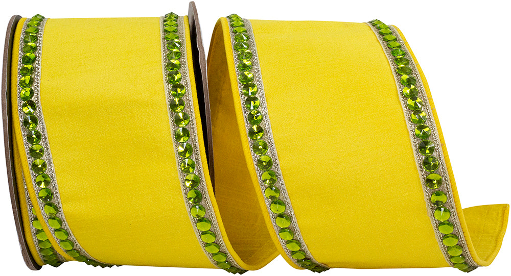 Rhinestone Edge Dupioni Ribbon Yellow Lime 4 Inch 5 Yards