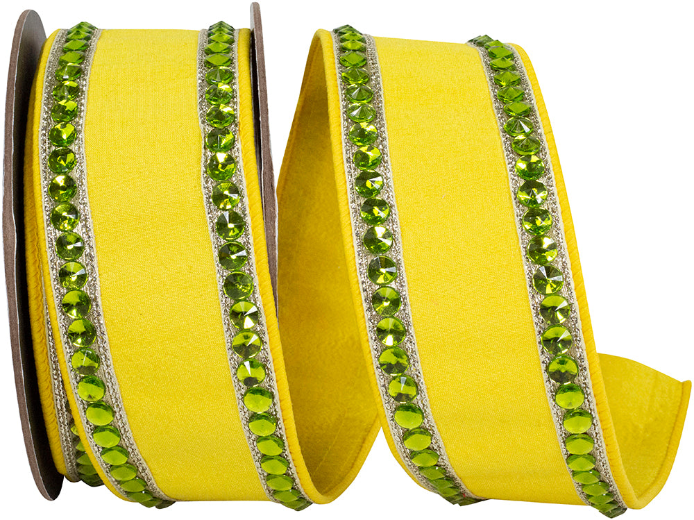 Rhinestone Edge Dupioni Ribbon Yellow Lime 2-1/2 Inch