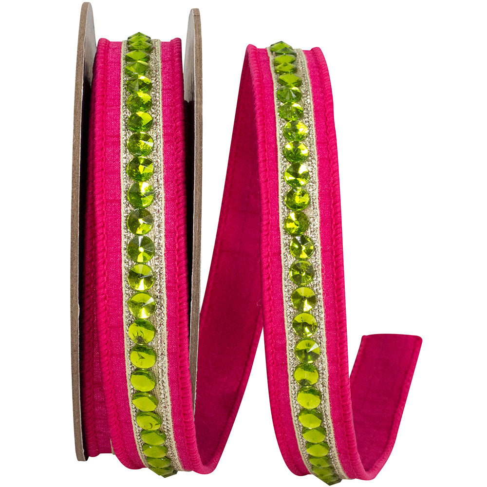 Fuchsia Lime 1 Inch Rhinestone Edge Dupioni Deluxe Backed Wired Edge Ribbon for Wreaths & Bows